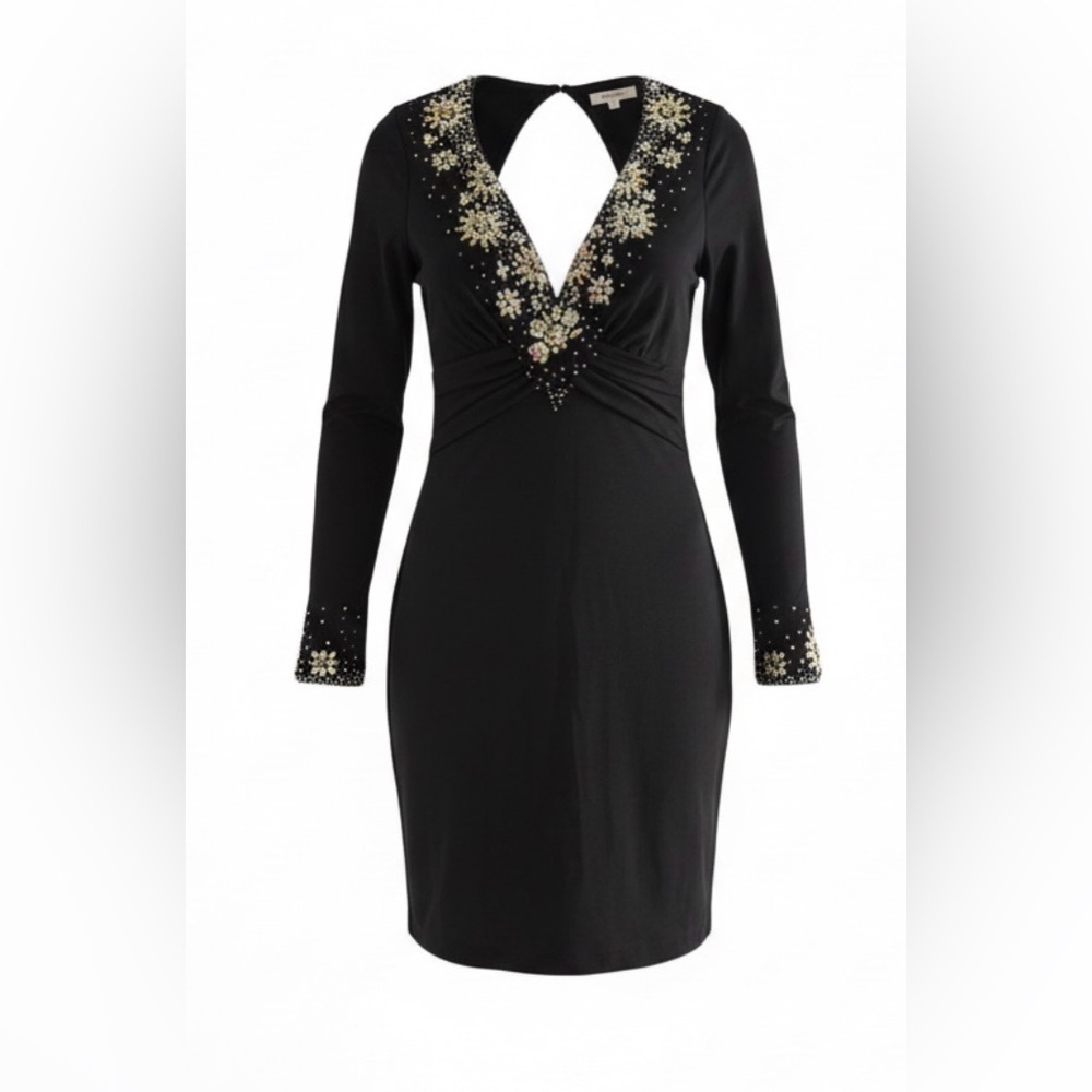 Holiday party ready Jovani Black Long Sleeve Backless Dress Embellishments 0